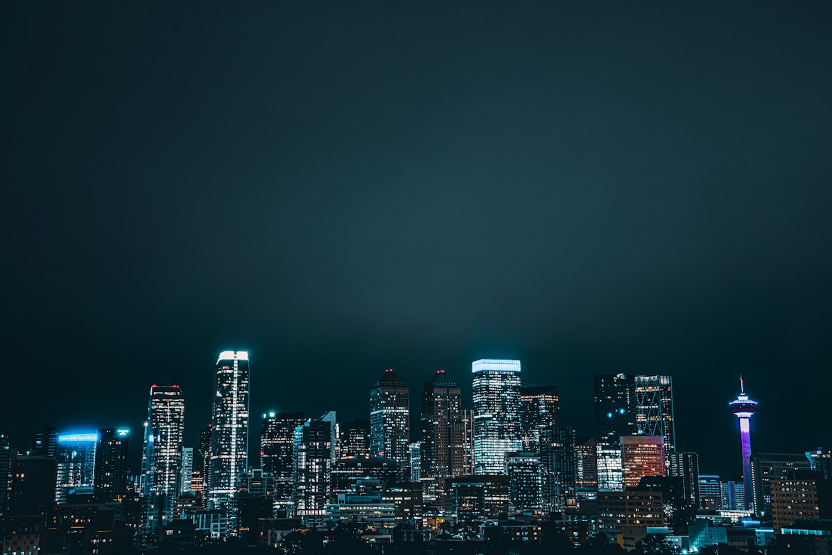 Calgary skyline and Calgary Tower at night