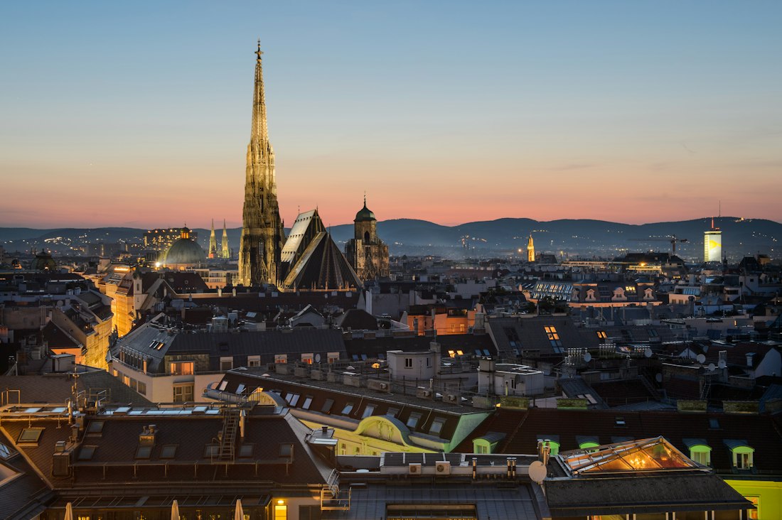 St. Stephen’s Cathedral above the rooftops of Vienna at dusk